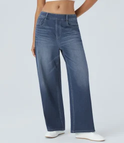 Wide Leg Jeans|Jeans<HALARA Flex™ Mid Rise Pockets Washed Baggy Wide Leg Casual Jeans