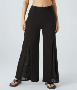 Wide Leg Jeans|Jeans<HALARA Flex™ Mid Rise Pockets Wide Leg Contrast Lace Casual Jeans
