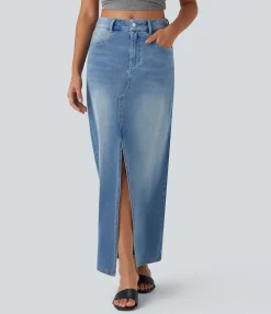 Denim Skirts|Straight-Leg Jeans<HALARA Flex™ Mid Rise Pockets Straight Maxi Washed Denim Casual Skirt