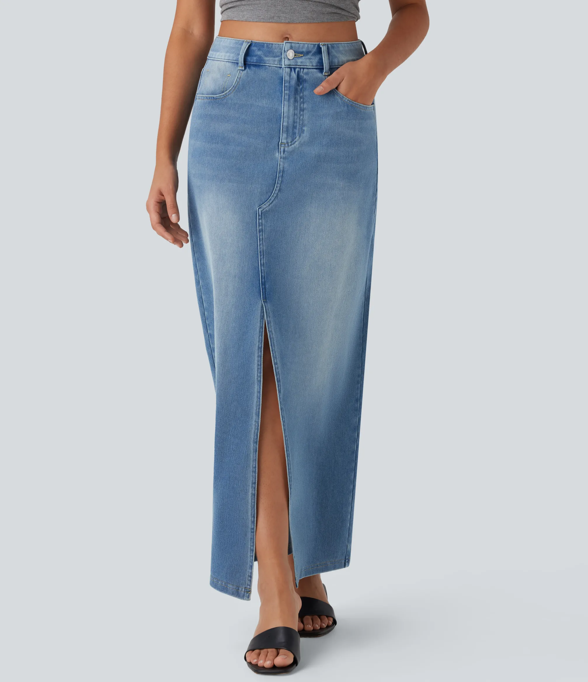 Denim Skirts|Straight-Leg Jeans<HALARA Flex™ Mid Rise Pockets Straight Maxi Washed Denim Casual Skirt