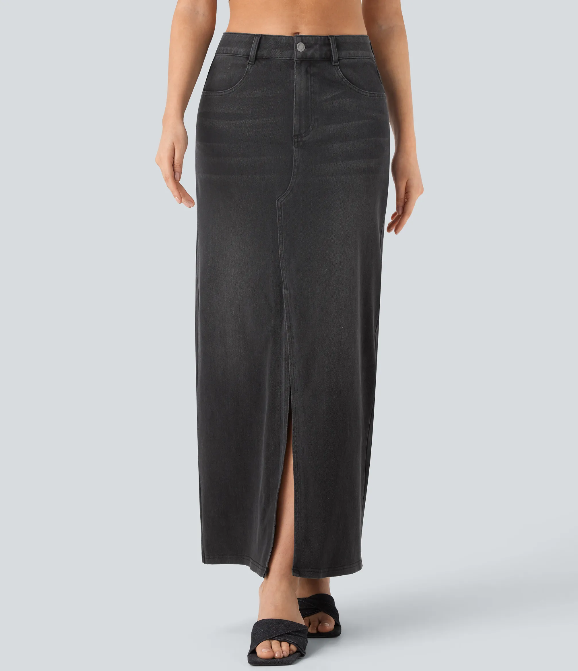Denim Skirts|Straight-Leg Jeans<HALARA Flex™ Mid Rise Pockets Straight Maxi Washed Denim Casual Skirt