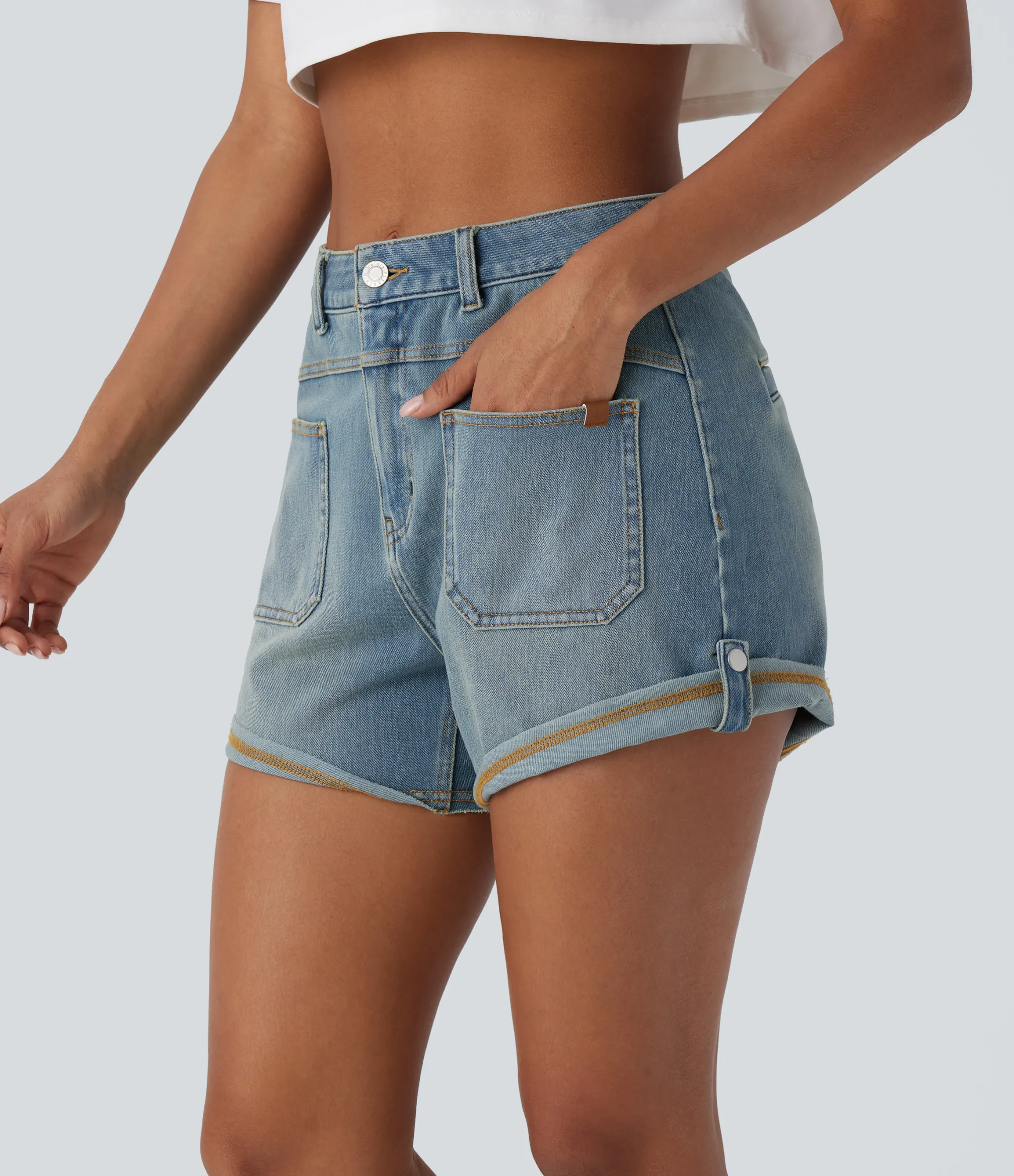 Denim Shorts|Denim Shorts<HALARA Flex™ Mid Rise Pocket Rolled Hem Washed Denim Casual Shorts