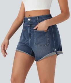 Denim Shorts|Denim Shorts<HALARA Flex™ Mid Rise Pocket Rolled Hem Washed Denim Casual Shorts