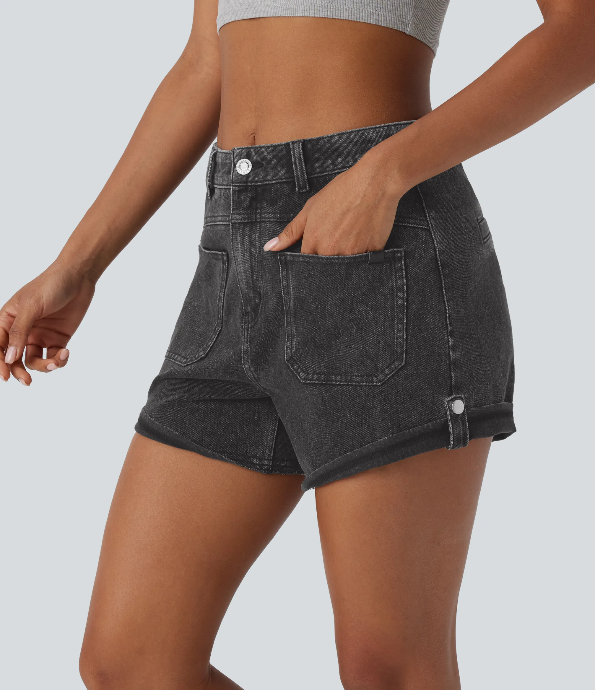 Denim Shorts|Denim Shorts<HALARA Flex™ Mid Rise Pocket Rolled Hem Washed Denim Casual Shorts