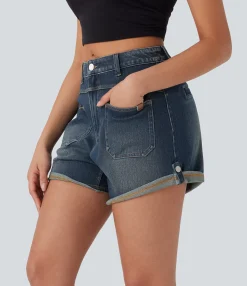 Denim Shorts|Denim Shorts<HALARA Flex™ Mid Rise Pocket Rolled Hem Washed Denim Casual Shorts