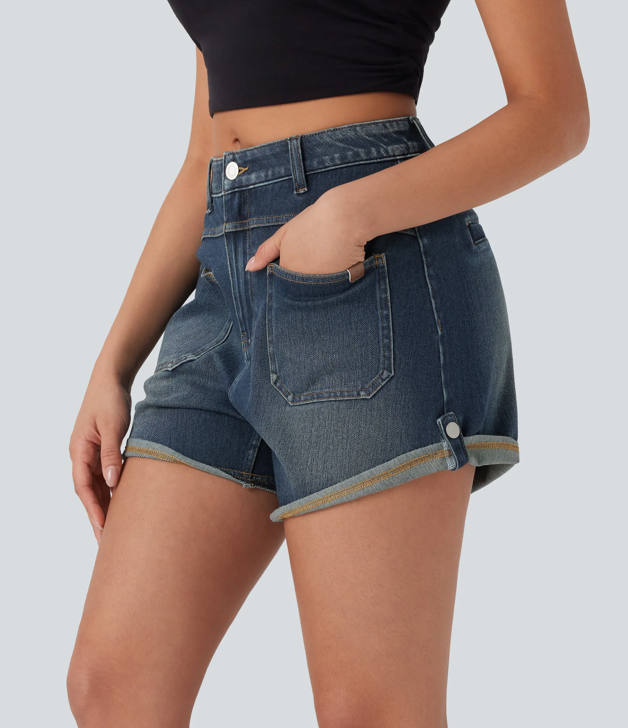 Denim Shorts|Denim Shorts<HALARA Flex™ Mid Rise Pocket Rolled Hem Washed Denim Casual Shorts
