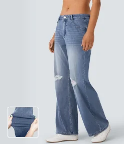 Jeans<HALARA Flex™ Mid Rise Ripped Washed Casual Baggy Jeans With Pockets
