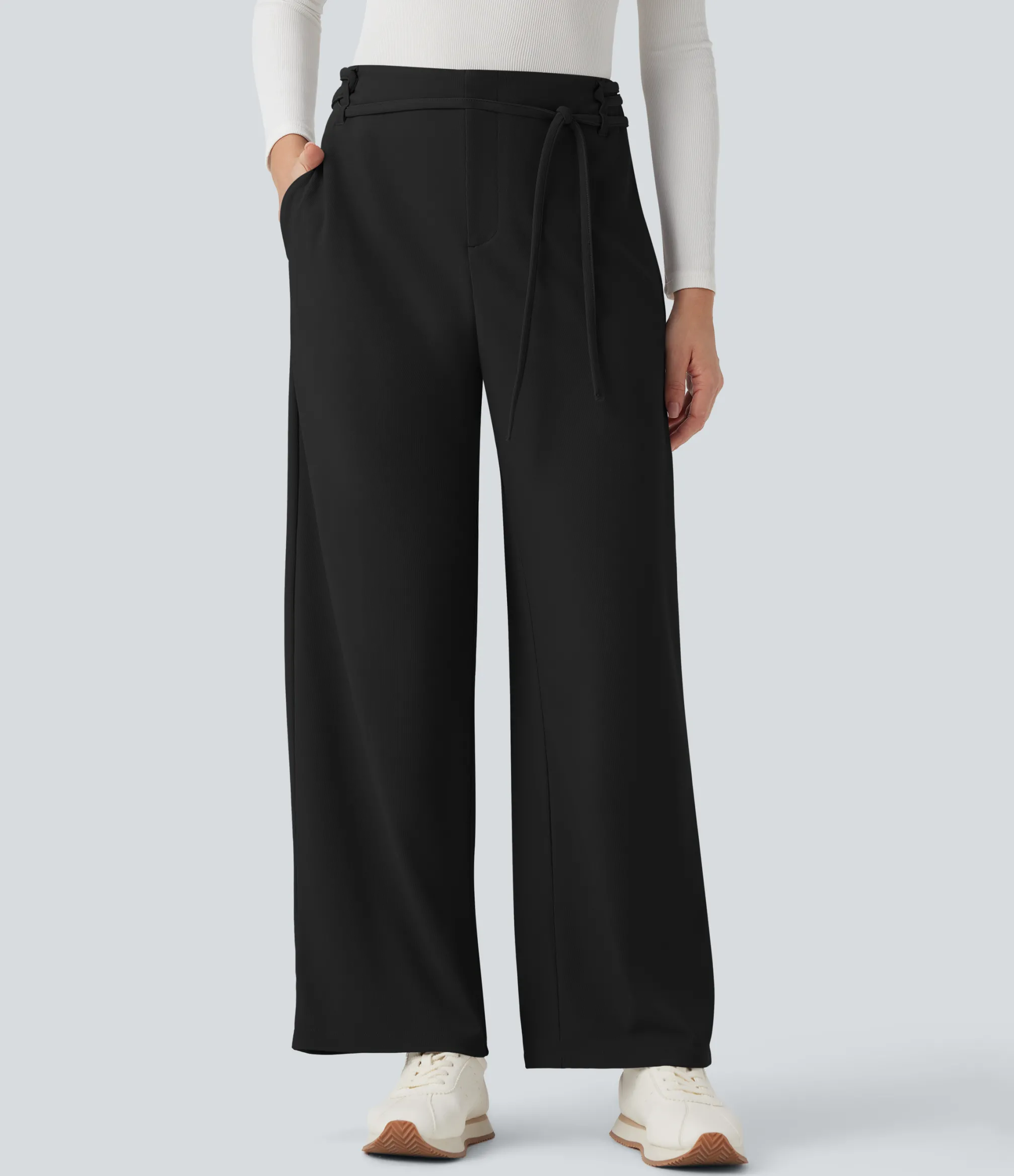 Pants|Straight-Leg Pants<HALARA Flex™ Mid Rise Tie Front Straight Leg Micro Waffle Work Pants with Pockets