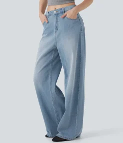 Jeans<HALARA Flex™ Mid Rise Washed Casual Baggy Jeans with Pockets