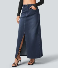 Denim Skirts|Maxi & Midi Skirts<HALARA Flex™ Mid Rise Zipper Pockets A Line Denim Maxi Casual Skirt