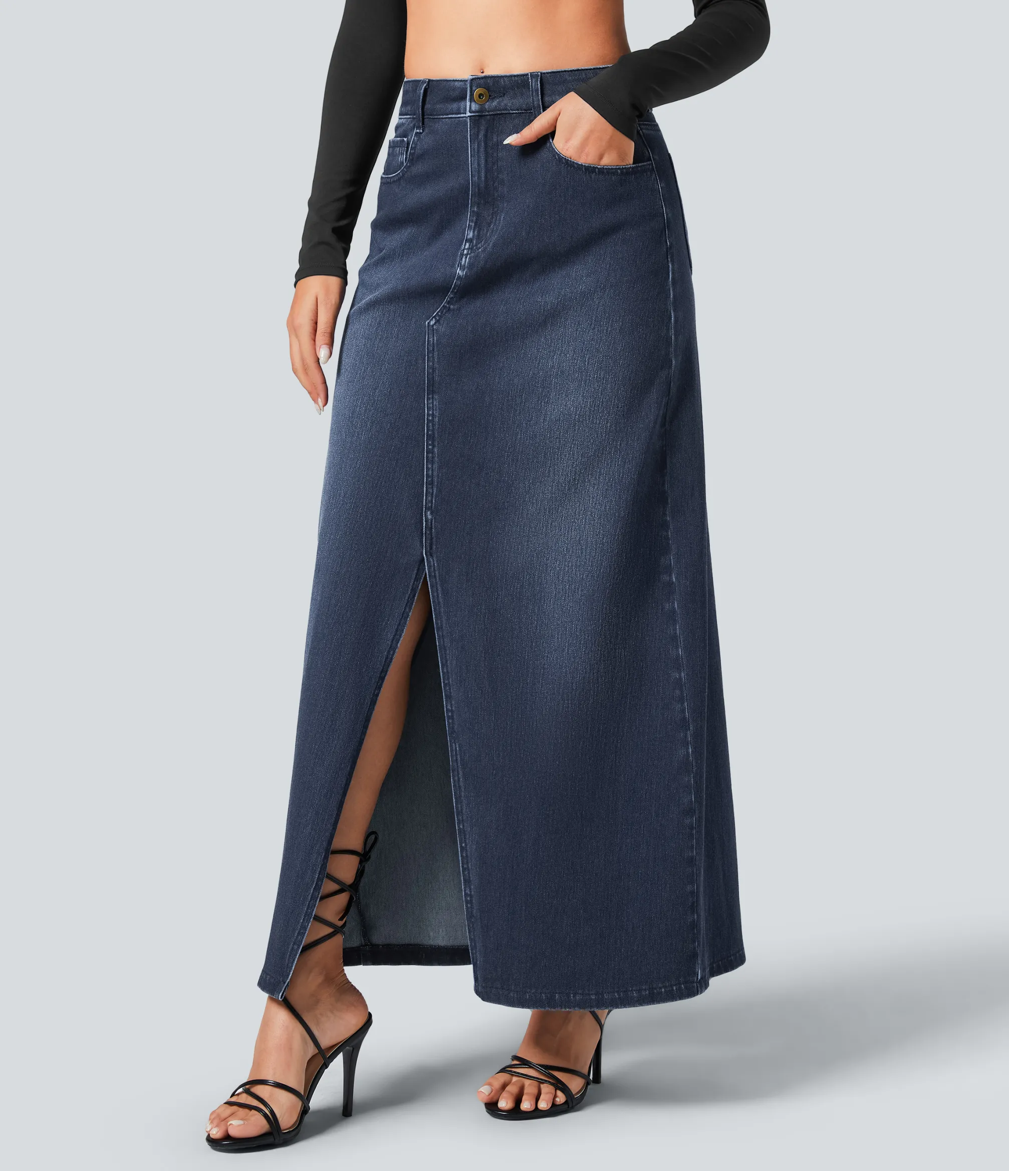 Denim Skirts|Maxi & Midi Skirts<HALARA Flex™ Mid Rise Zipper Pockets A Line Denim Maxi Casual Skirt