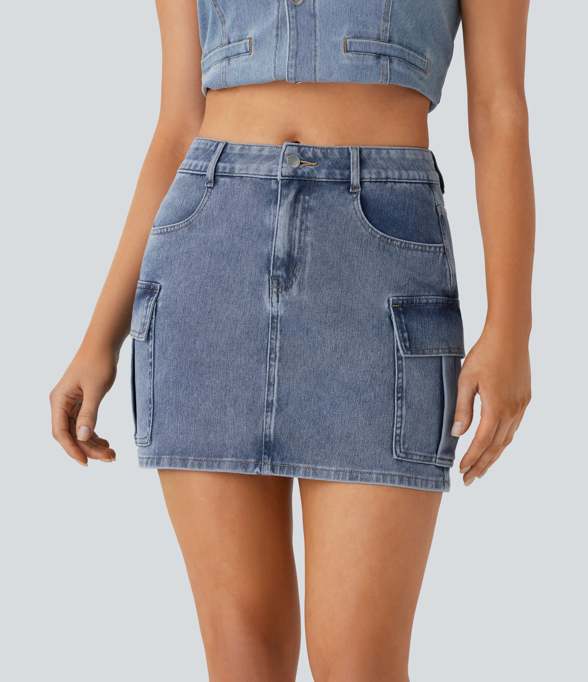 Denim Skirts|Mini Skirts<HALARA Flex™ Mid Rise Zipper Pockets Denim Mini Casual Cargo Skirt