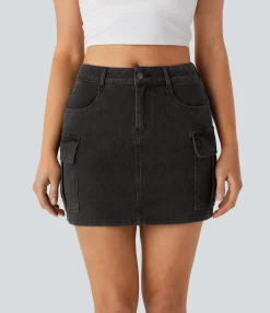 Denim Skirts|Mini Skirts<HALARA Flex™ Mid Rise Zipper Pockets Denim Mini Casual Cargo Skirt