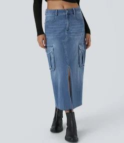 Denim Skirts|Maxi & Midi Skirts<HALARA Flex™ Mid Rise Zipper Pockets A Line Denim Maxi Casual Cargo Skirt