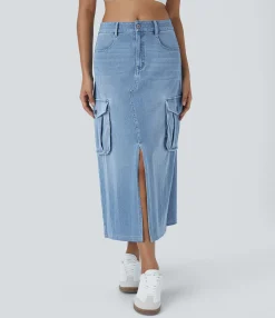 Denim Skirts|Maxi & Midi Skirts<HALARA Flex™ Mid Rise Zipper Pockets A Line Denim Maxi Casual Cargo Skirt
