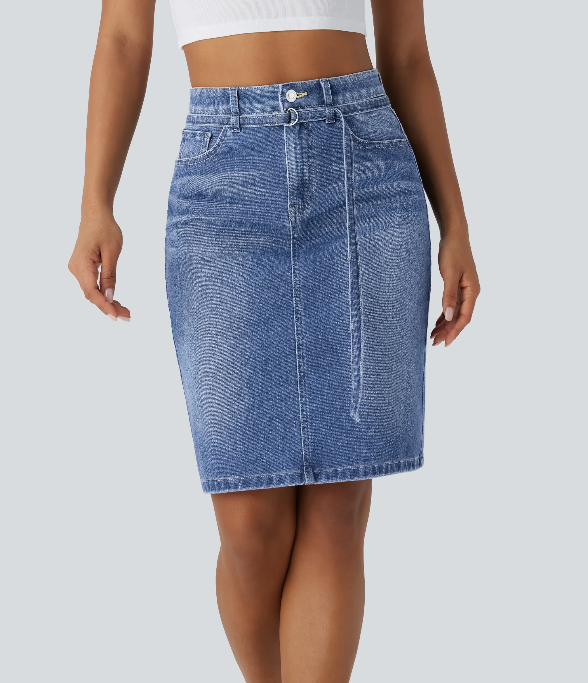 Denim Skirts|Maxi & Midi Skirts<HALARA Flex™ Mid Rise Zipper Pockets Washed Denim Midi Casual Skirt