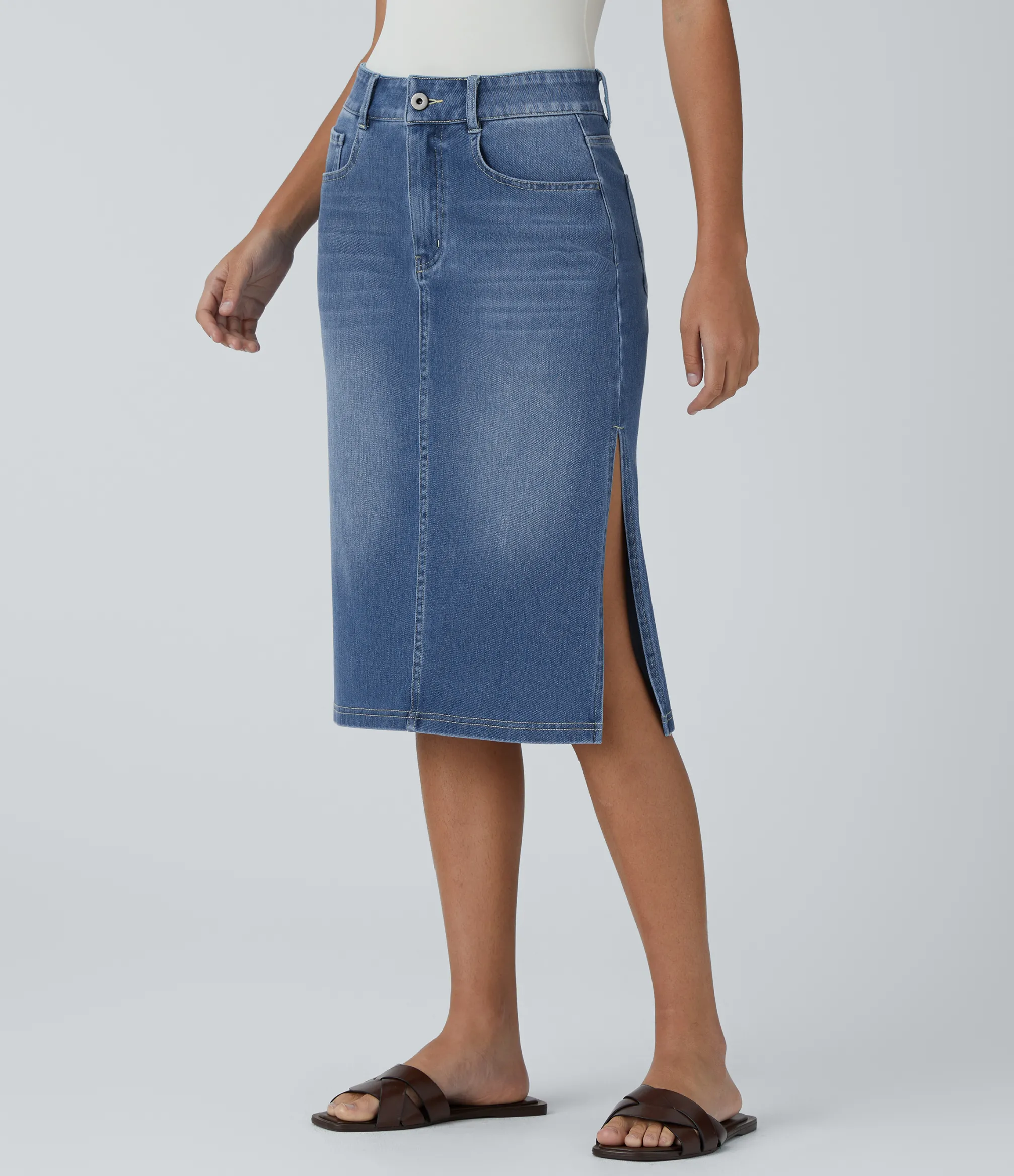 Denim Skirts|Maxi & Midi Skirts<HALARA Flex™ Mid Rise Zipper Pockets Denim Casual Midi Skirt