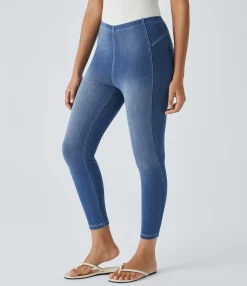 Pocket Leggings|Casual Wear Leggings<HALARA Flex™ Pull On Mid Rise Pocket Denim Casual 7/8 Leggings