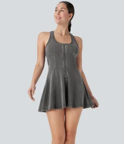 Denim Dresses|Mini Dresses<HALARA Flex™ Racerback Sleeveless Half Zipper Mini Washed Denim Casual Dress