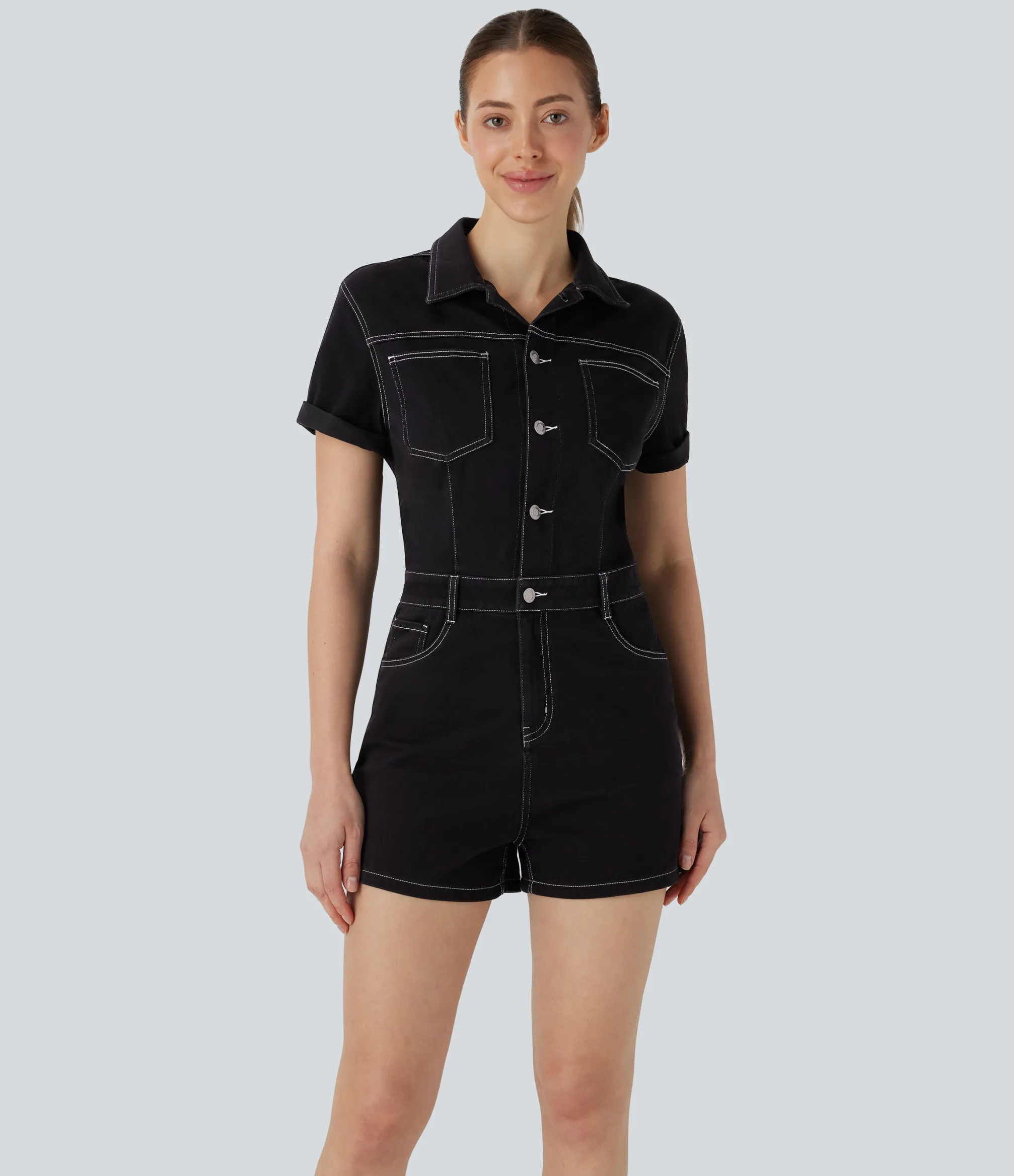 Jumpsuits<HALARA Flex™ Short Sleeve Washed Denim Casual Utility Romper with Pockets