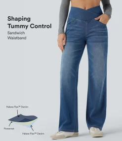 High Waisted Jeans|Straight-Leg Jeans<HALARA Flex™ SoCinched Crossover High Waisted Tummy Control Casual Straight Leg Jeans with Pockets