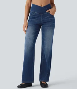 High Waisted Jeans|Straight-Leg Jeans<HALARA Flex™ SoCinched Crossover High Waisted Tummy Control Casual Straight Leg Jeans with Pockets