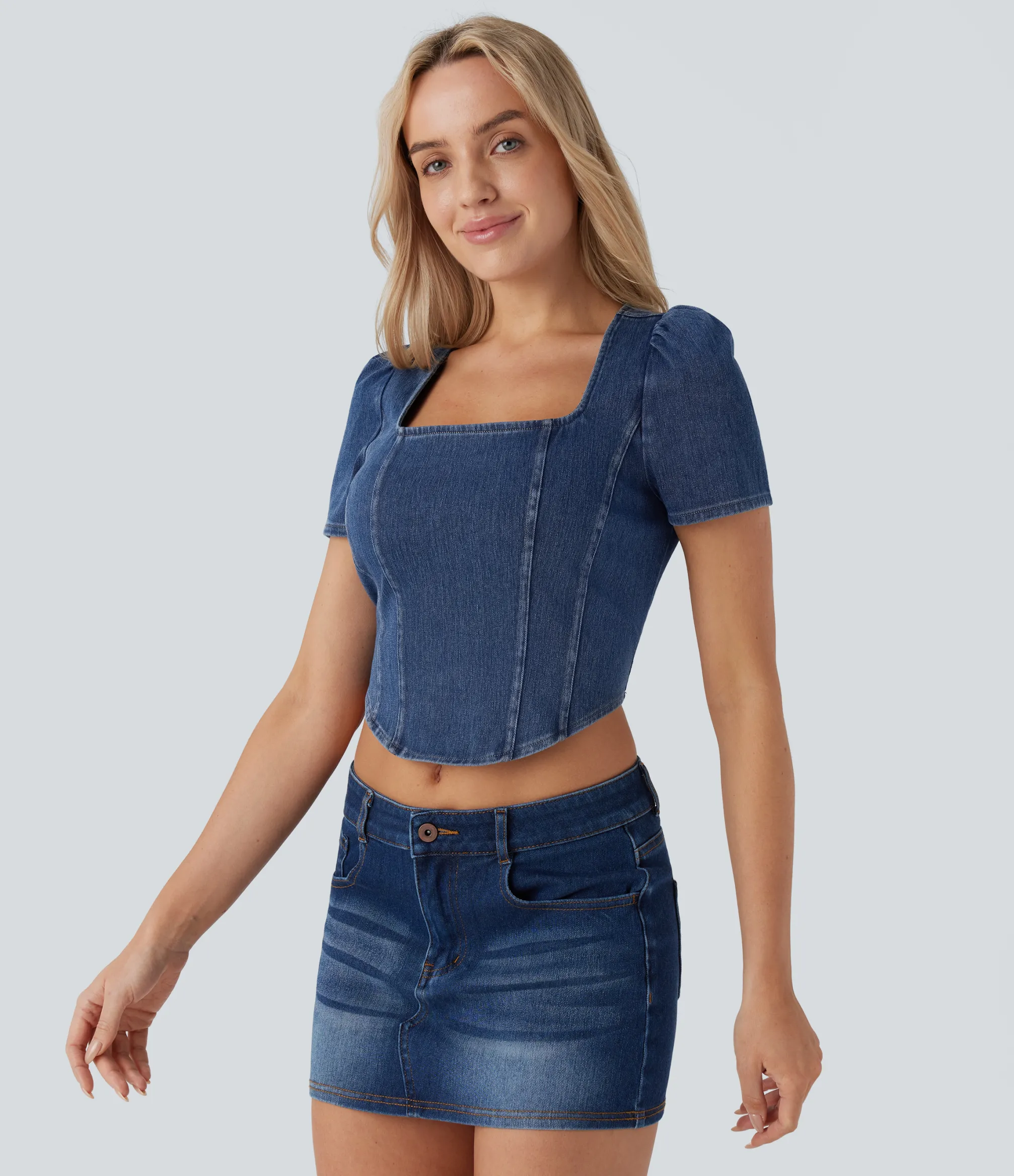 Casual Tops|Shirts Blouses<HALARA Flex™ Square Neck Short Sleeve Curved Hem Denim Cropped Casual Blouse