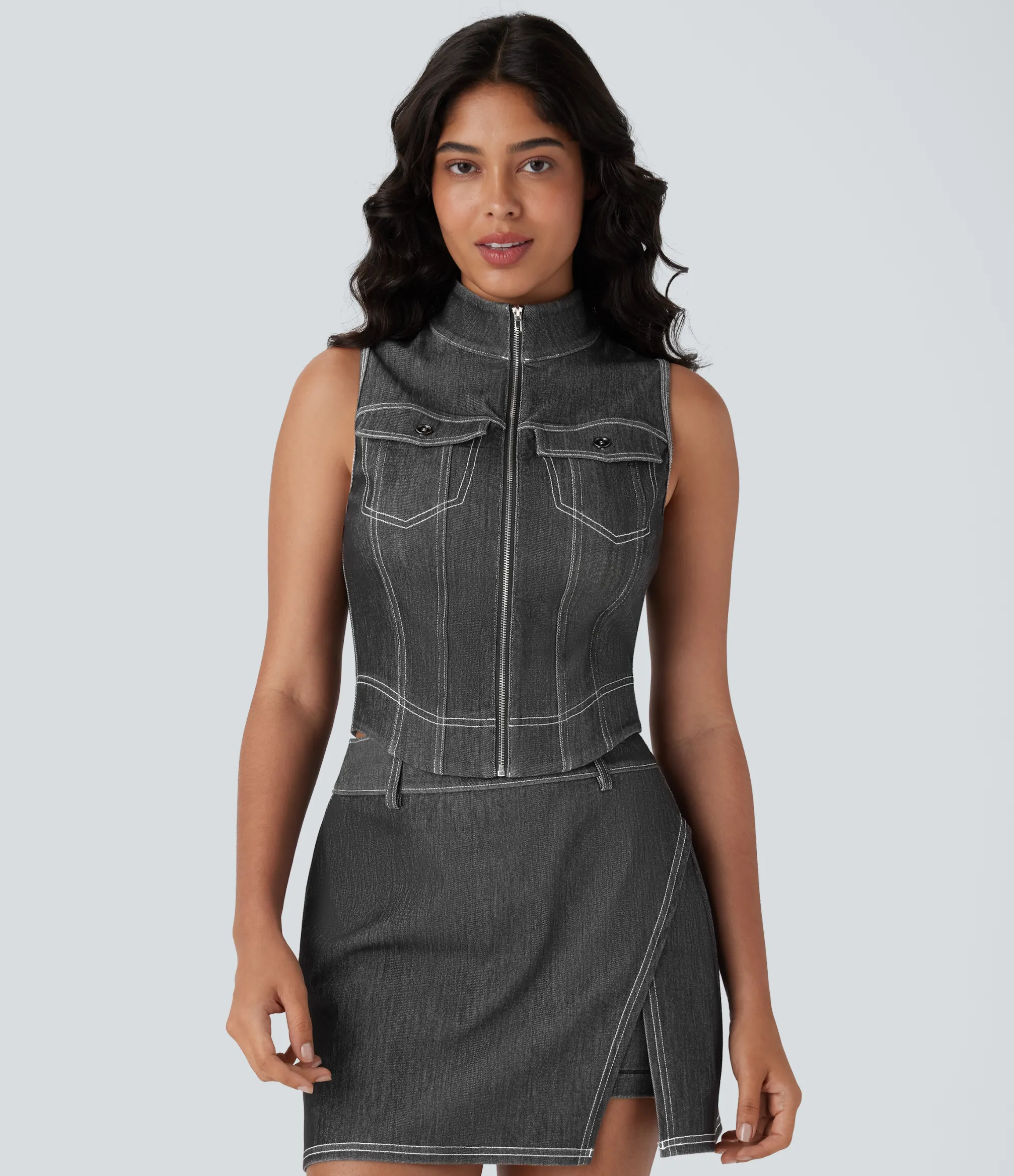 Tank Tops & Camis|Tank Tops<HALARA Flex™ Stand Collar Zipper Cool Touch Washed Denim Tennis Tank Top