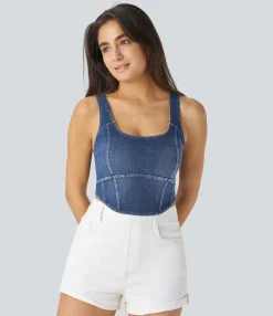 Casual Tops|Tank Tops & Camis<HALARA Flex™ U Neck Corset Curved Hem Denim Cropped Casual Tank Top