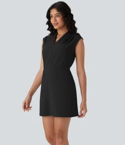 Mini Dresses|Dresses<HALARA Flex™ V Neck Pleated Sleeveless Mini Micro Waffle Work Dress with Pockets