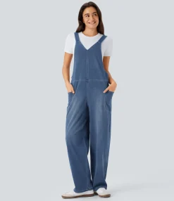Jumpsuits<HALARA Flex™ V Neck Pocket Washed Denim Casual Overalls