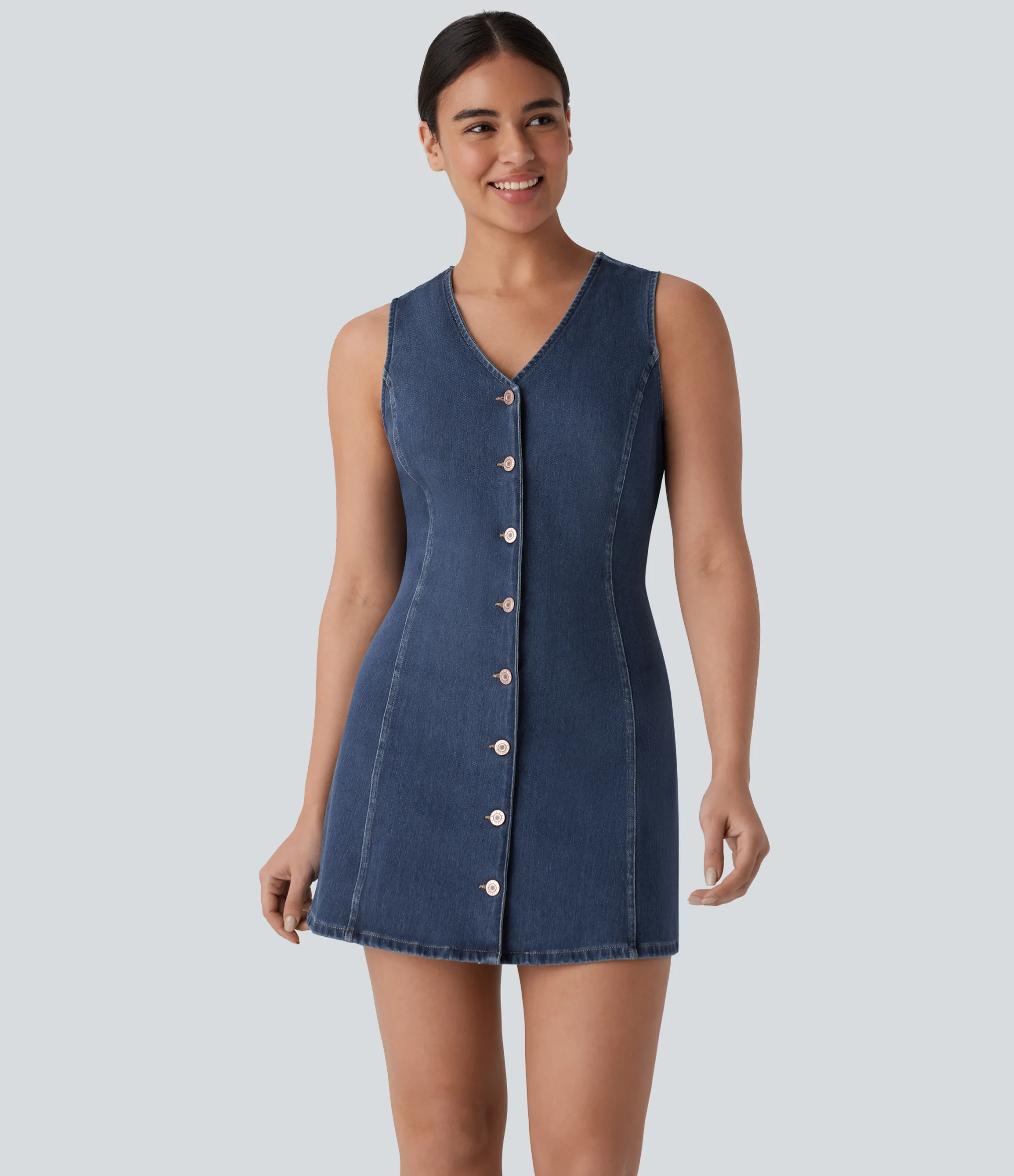 Denim Dresses|Denim Dresses<HALARA Flex™ V Neck Sleeveless Denim Mini Casual Dress