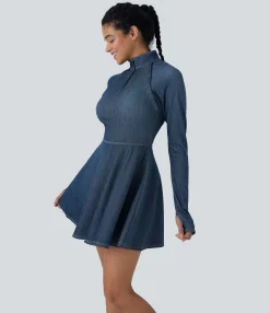 Denim Dresses|Denim Dresses<HALARA Flex™ Zipper Removable Sleeve Thumb Hole Flare Mini Cool Touch Washed Denim Tennis Active Dress