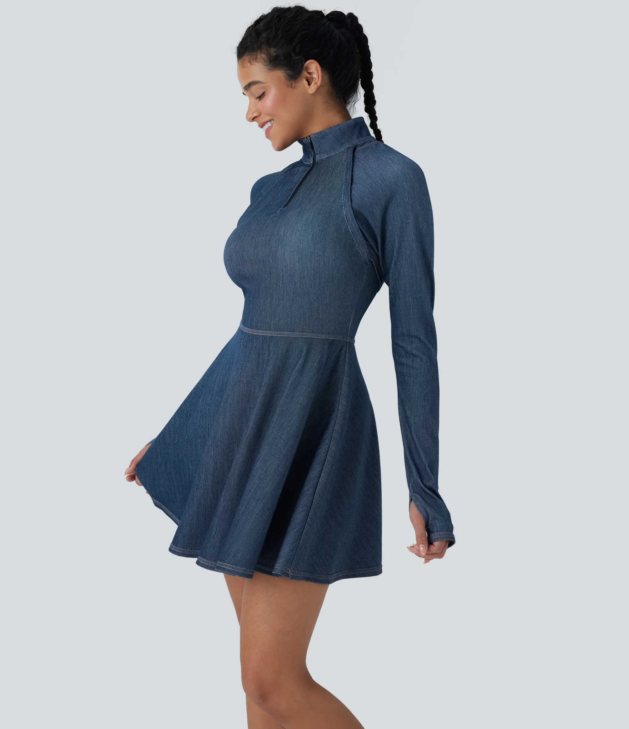 Denim Dresses|Denim Dresses<HALARA Flex™ Zipper Removable Sleeve Thumb Hole Flare Mini Cool Touch Washed Denim Tennis Active Dress
