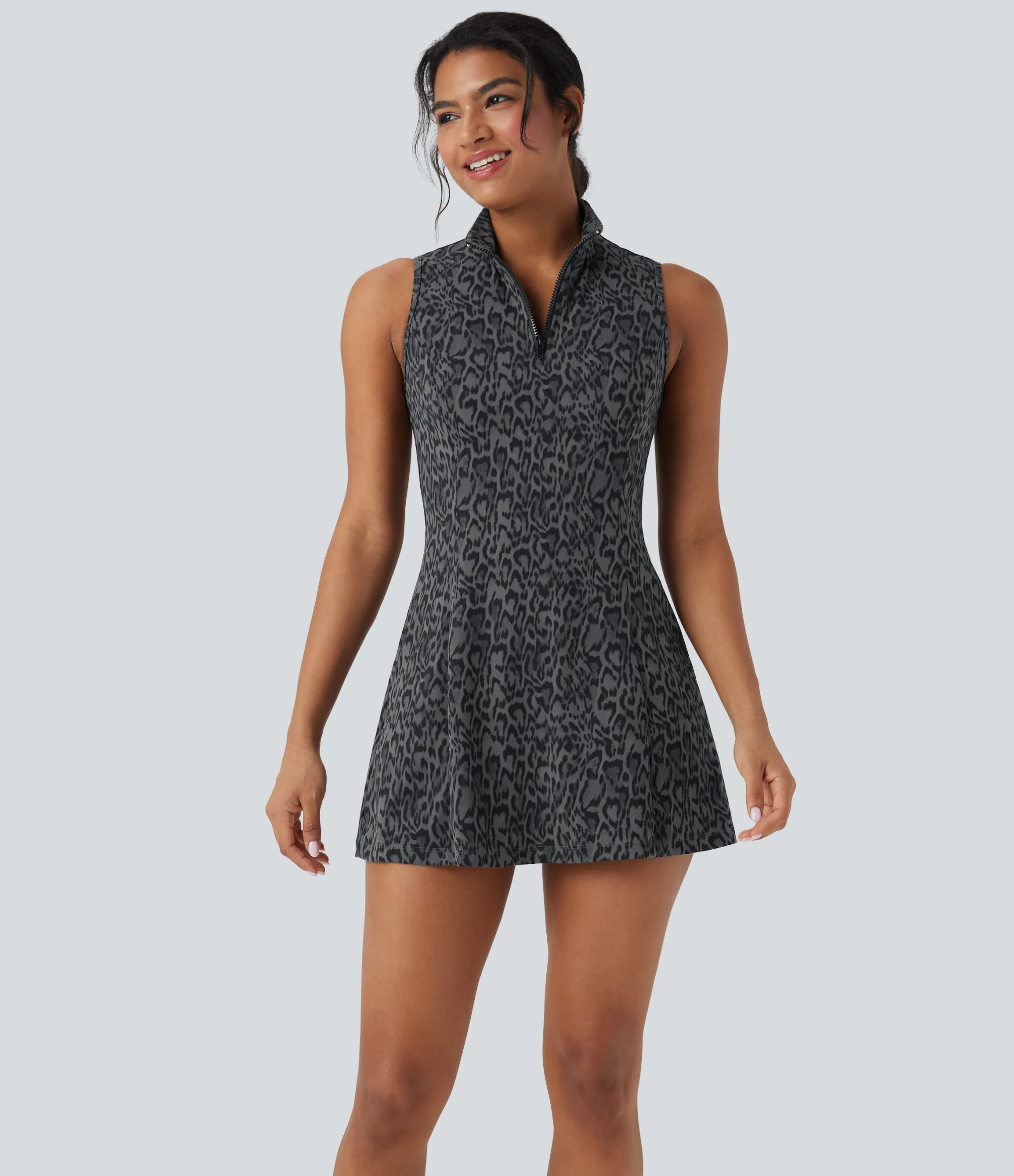 Active Dresses|Dresses<HALARA UltraSculpt™ Leopard Print Polo Neck Half Zipper Sleeveless Micro Tennis Active Dress with Pockets