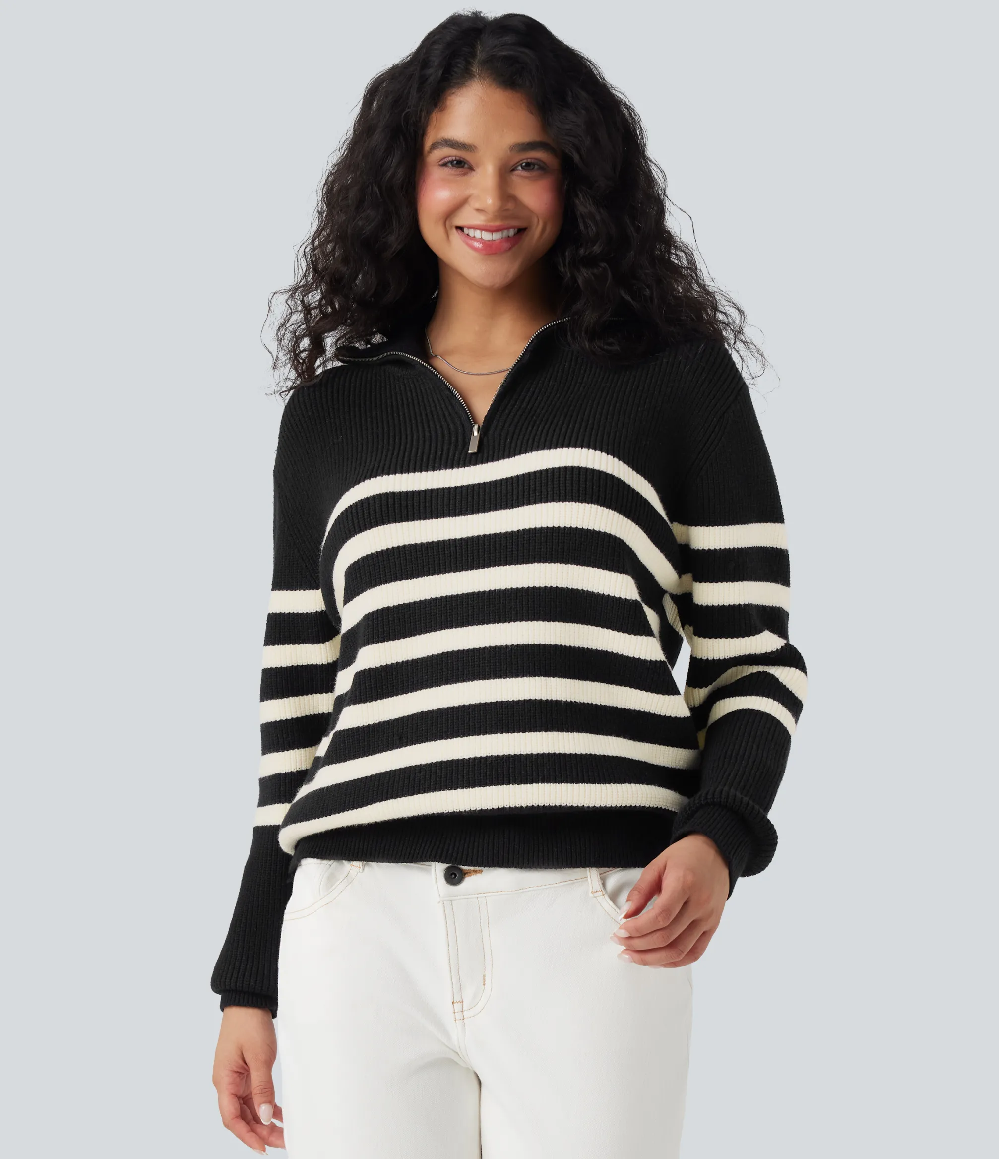 Sweaters<HALARA Half Zip Lapel Color Block Striped Casual Sweater