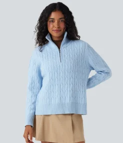 Sweaters<HALARA Half Zip Mock-neck Cable Knit Work Sweater