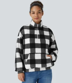 Sweatshirts & Hoodies<HALARA Half Zipper Dropped Shoulder Kangaroo Pocket Plaid Fleece Relaxed Casual Sweatshirt