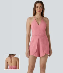 Jumpsuits<HALARA Halter Crossover Hem Casual Linen-Feel Jumpuit