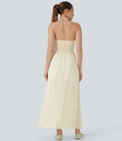 Maxi & Midi Dresses|Dresses<HALARA Halter Cut Out Tie Back Shirred Maxi Casual Linen-Feel Dress