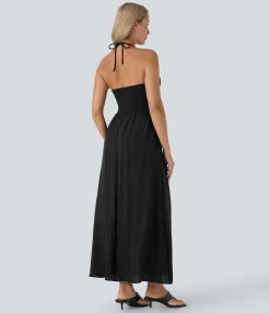 Maxi & Midi Dresses|Dresses<HALARA Halter Cut Out Tie Back Shirred Maxi Casual Linen-Feel Dress