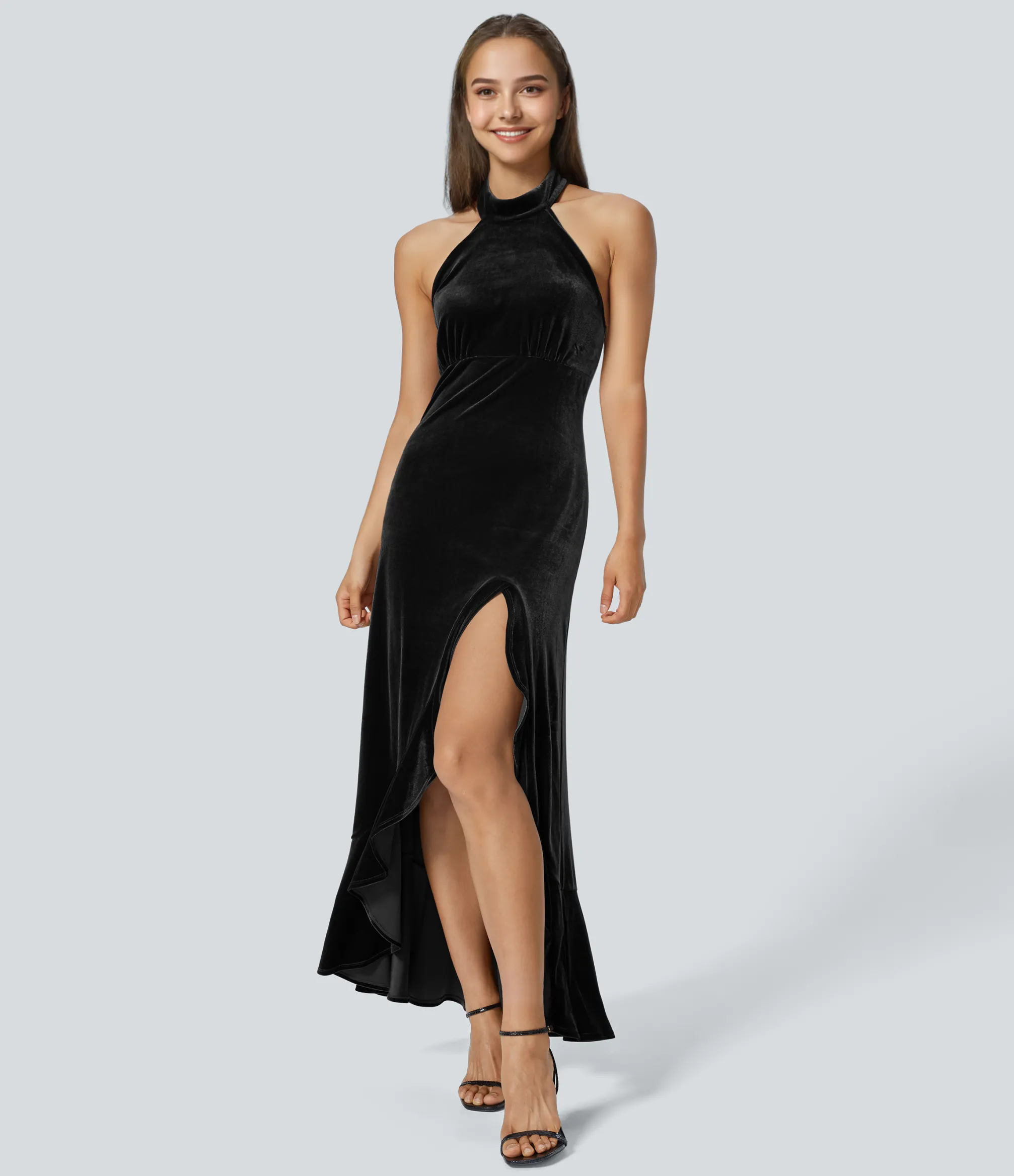 Maxi & Midi Dresses|Party Dresses<HALARA Halter Neck Ruffle Hem Velvet Maxi Dress