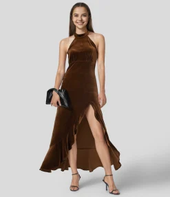 Maxi & Midi Dresses|Party Dresses<HALARA Halter Neck Ruffle Hem Velvet Maxi Dress