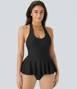 Beachwear<HALARA Halter Pleated One Piece Swimsuit Black