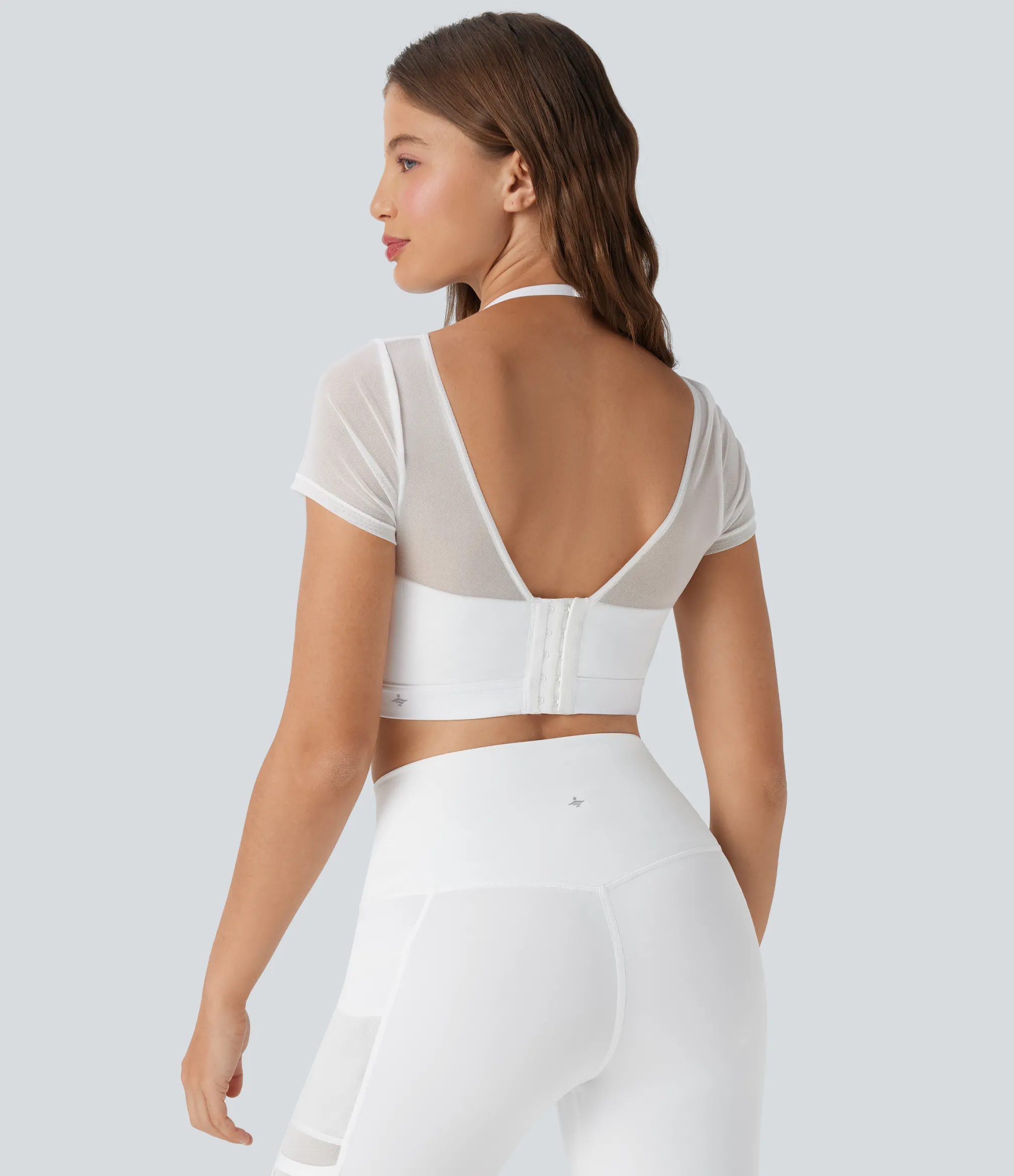 Sports Tops|Sports Tops<HALARA Halter Short Sleeve Contrast Mesh 2-in-1 Cropped Yoga Sports Top