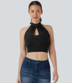 Casual Tops<HALARA Halter Tie Back Cut Out Contrast Mesh Cropped Casual Top