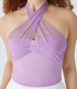 Tank Tops & Camis|Tank Tops<HALARA Halter Tie Back Ruched Contrast Mesh Cropped Tank Top