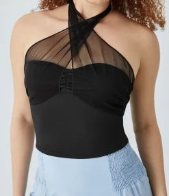 Tank Tops & Camis|Tank Tops<HALARA Halter Tie Back Ruched Contrast Mesh Cropped Tank Top