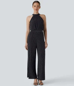 Jumpsuits<HALARA Halter Tie Back Sleeveless Pocket Metallic Stripe Casual Jumpsuit