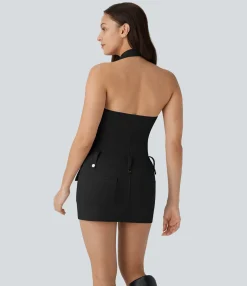 Party Dresses|Bodycon Dresses<HALARA Halter V Neck Zipper Pockets Bodycon Micro Mini Dress
